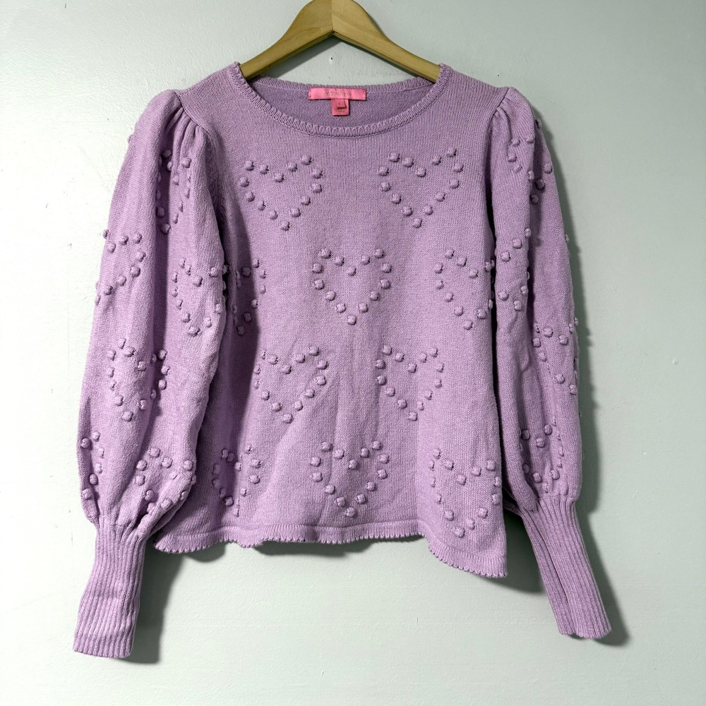Lilly Pulitzer Lavender Kippa Heart‎ Pom Pom Textured Puff Sleeve Sweater L